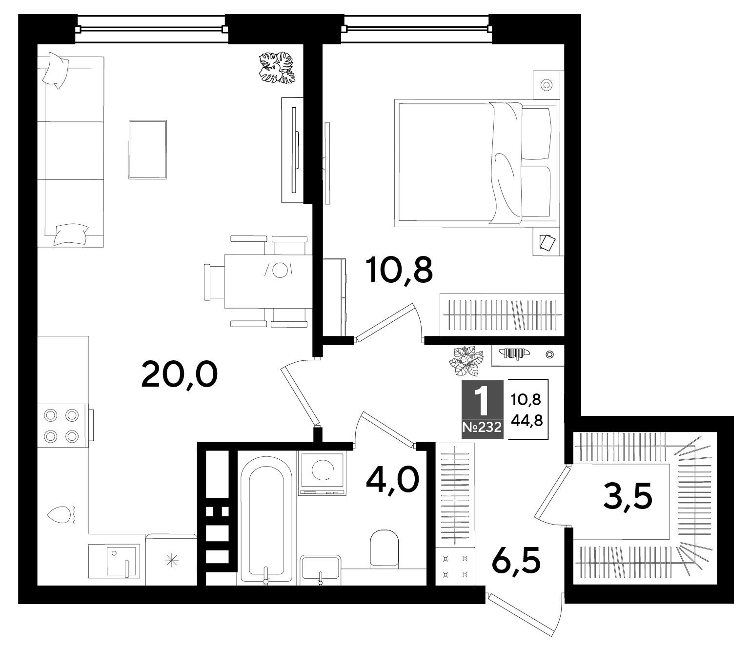 1-комнатная 44 м2 в ЖК Dogma Park корпус null этаж 10