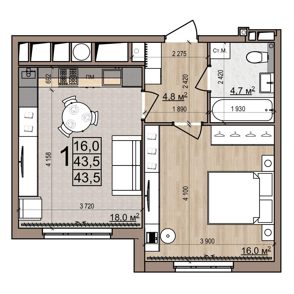 1-комнатная 43 м2 в ЖК Еврокласс-5 корпус null этаж 1