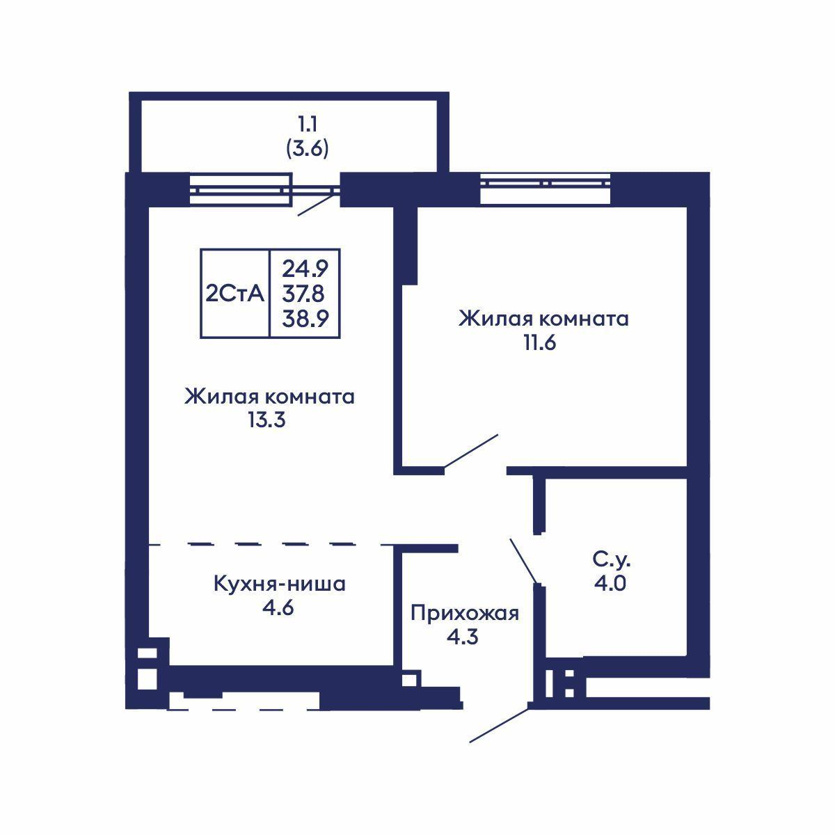 2-комнатная 38 м2 в ЖК Горизонт корпус null этаж 11