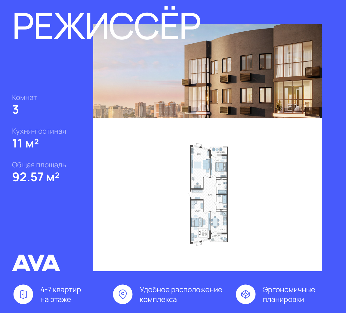 3-комнатная 92 м2 в ЖК Режиссёр корпус null этаж 8