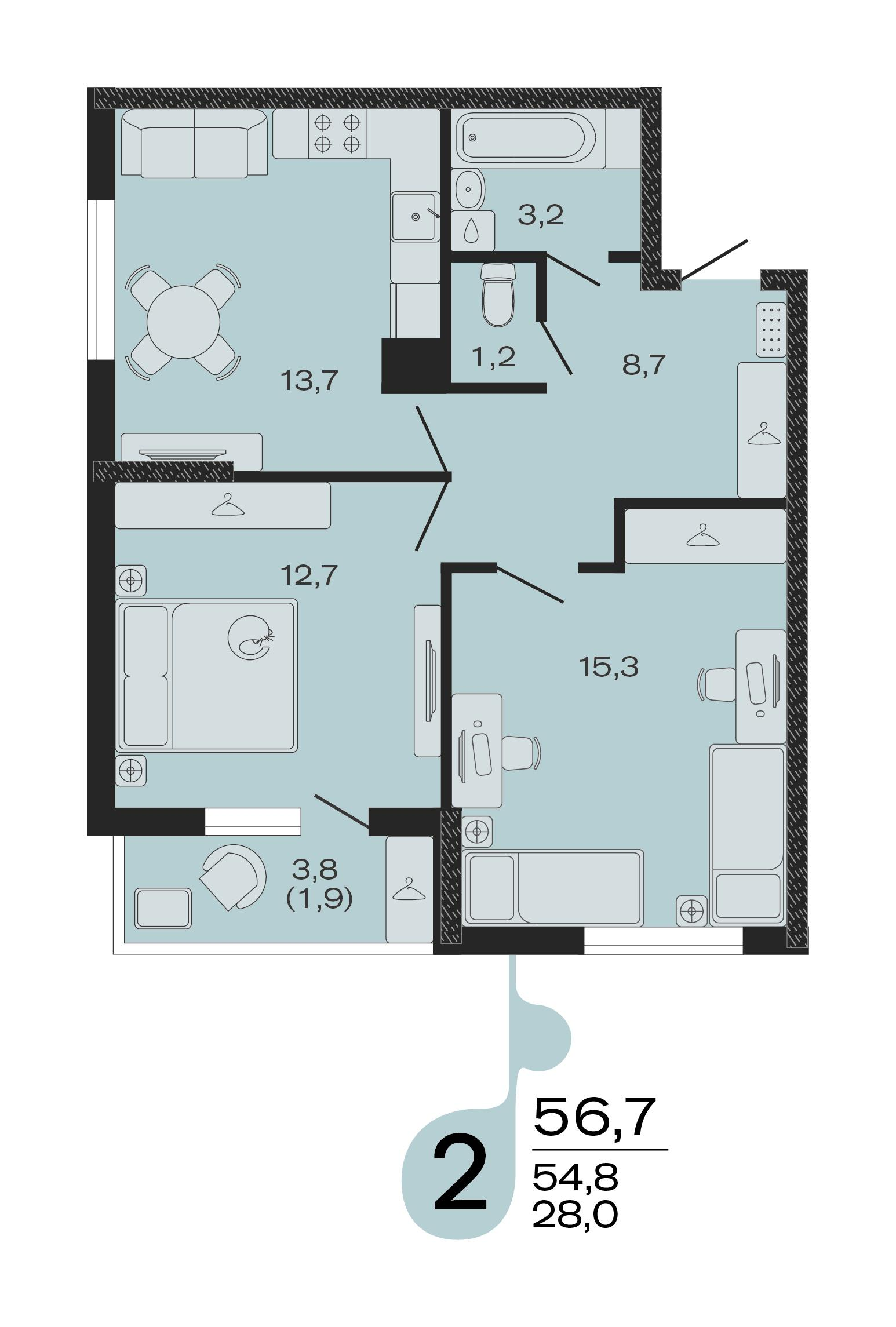2-комнатная 56 м2 в ЖК ЭВО корпус null этаж 2