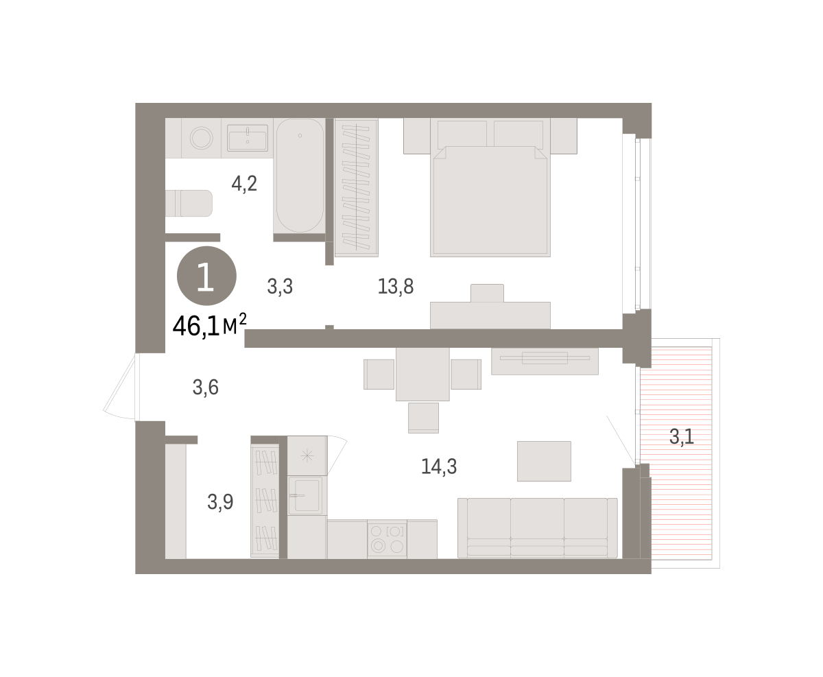 1-комнатная 46 м2 в ЖК Зарека корпус null этаж 7