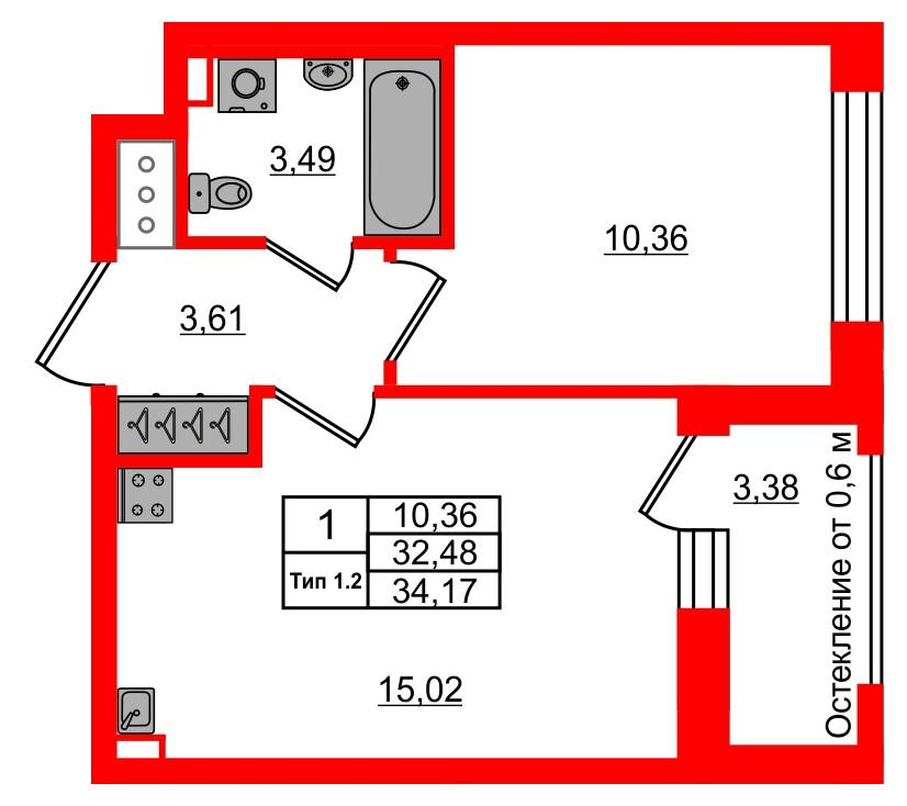 1-комнатная 32 м2 в ЖК Setl Ривьера корпус null этаж 9