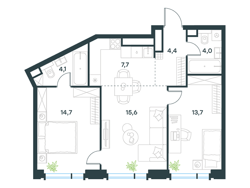3-комнатная 64 м2 в ЖК Level Академическая корпус null этаж 19