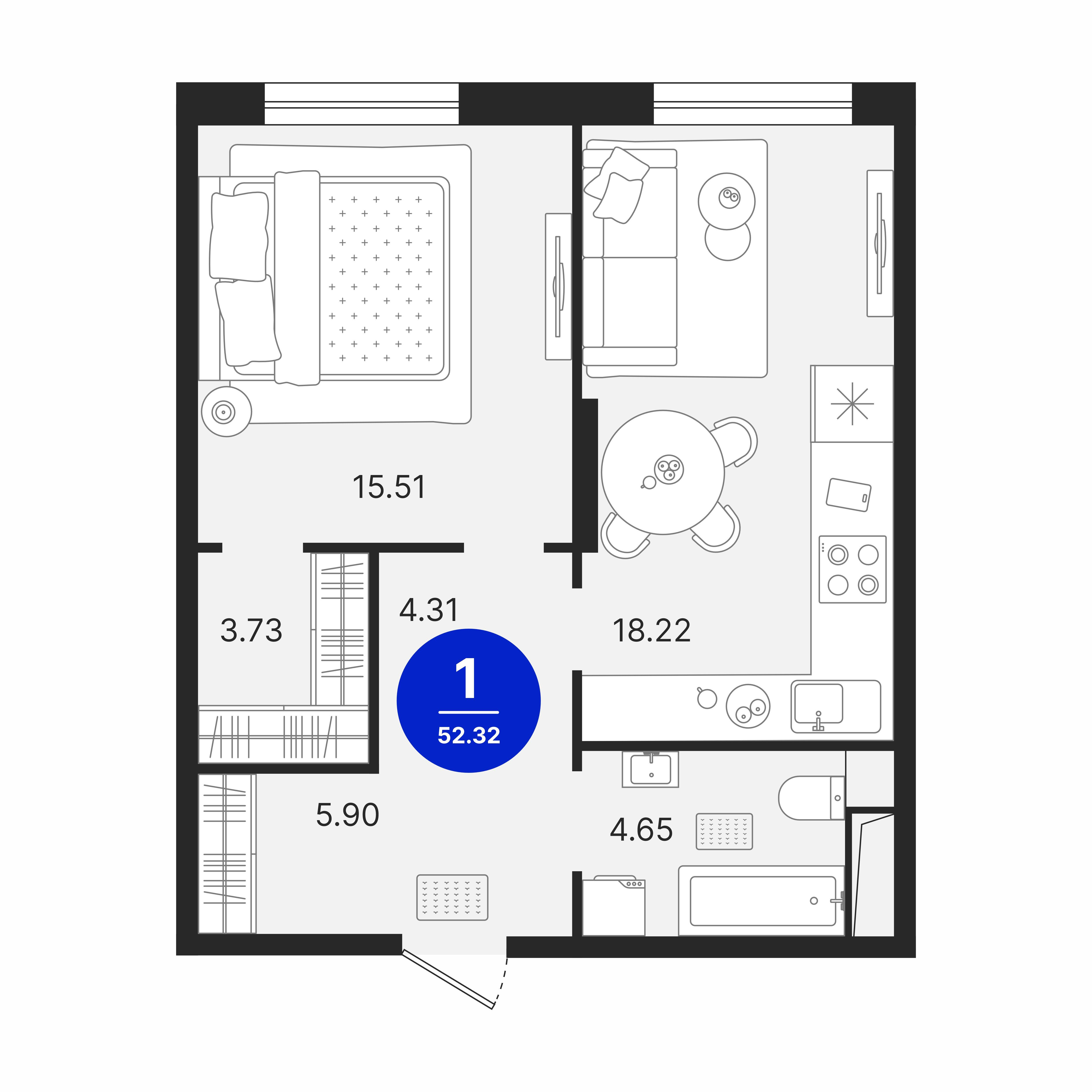 1-комнатная 52 м2 в ЖК Северное Сияние корпус null этаж 2