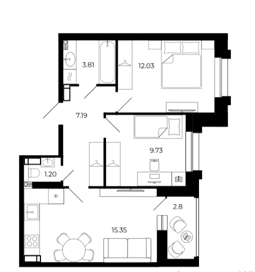 2-комнатная 53.4 м2 в ЖК undefined корпус null этаж 14