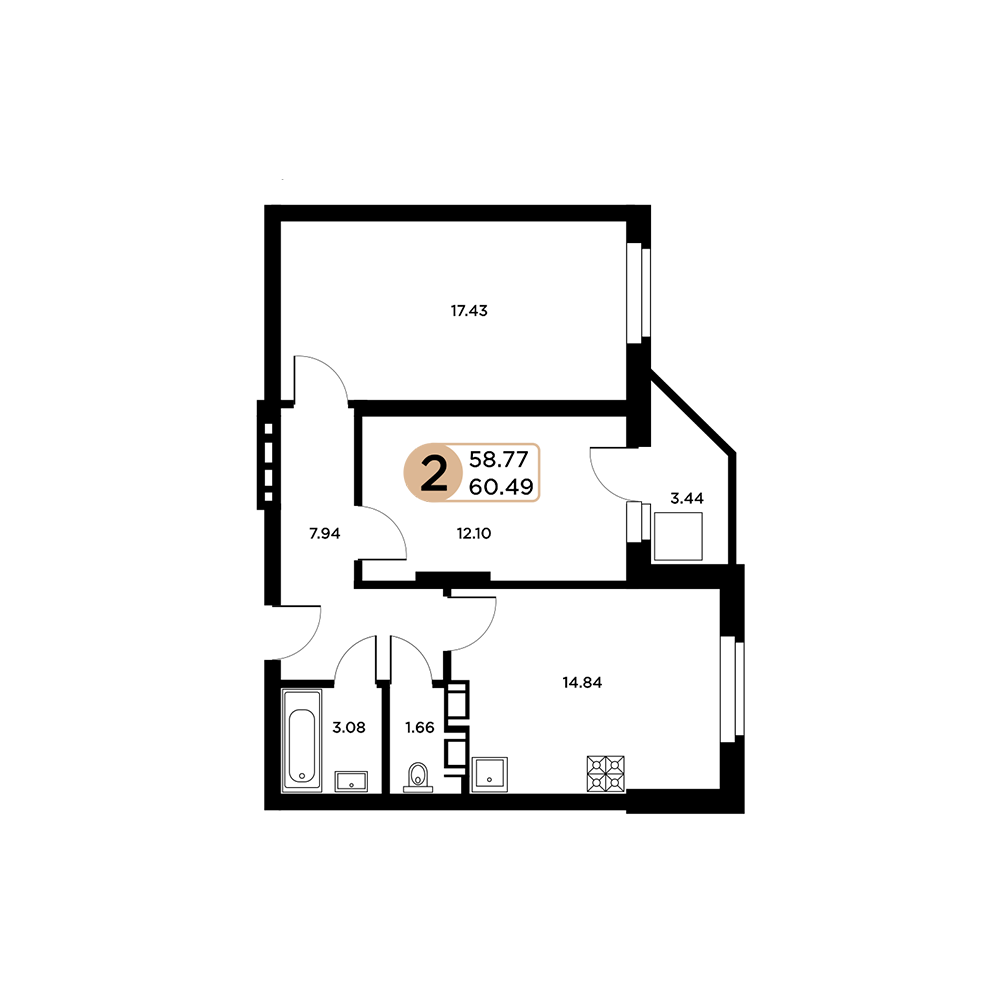 2-комнатная 60 м2 в ЖК Московский корпус null этаж 5