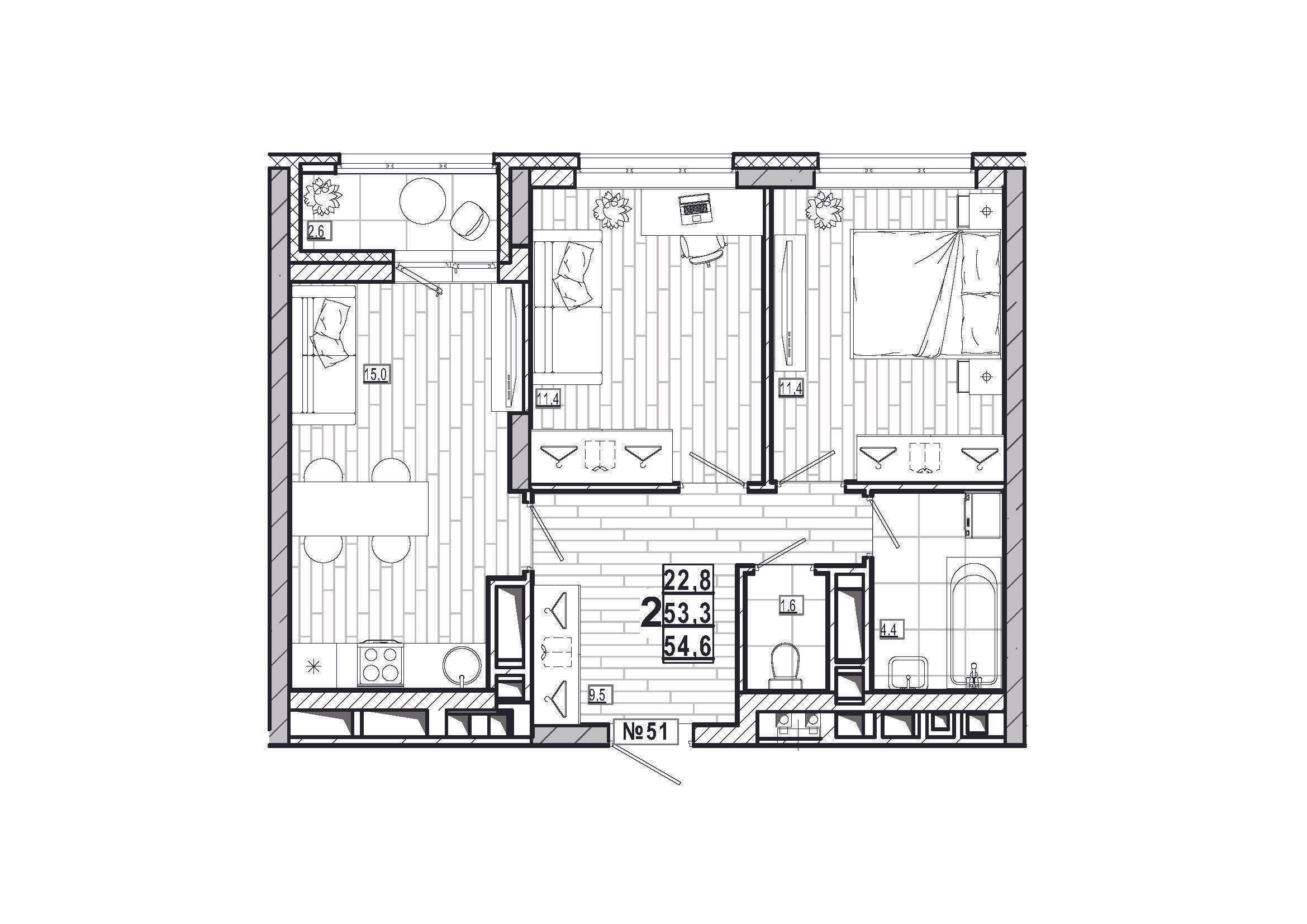 2-комнатная 54 м2 в ЖК Дом на Маяковского корпус null этаж 7