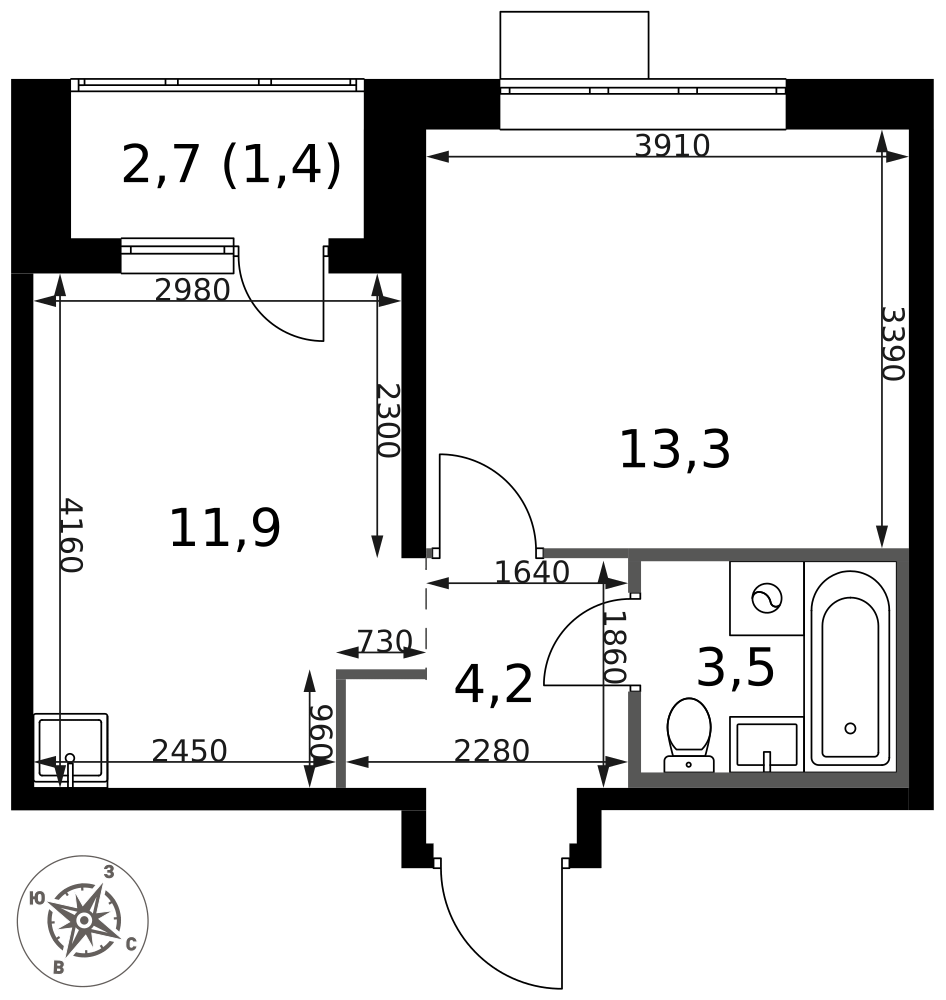 1-комнатная 34 м2 в ЖК 1-й Саларьевский корпус null этаж 4