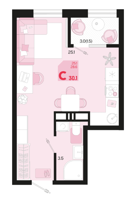 Студия 30.1 м2 в ЖК undefined корпус null этаж 10