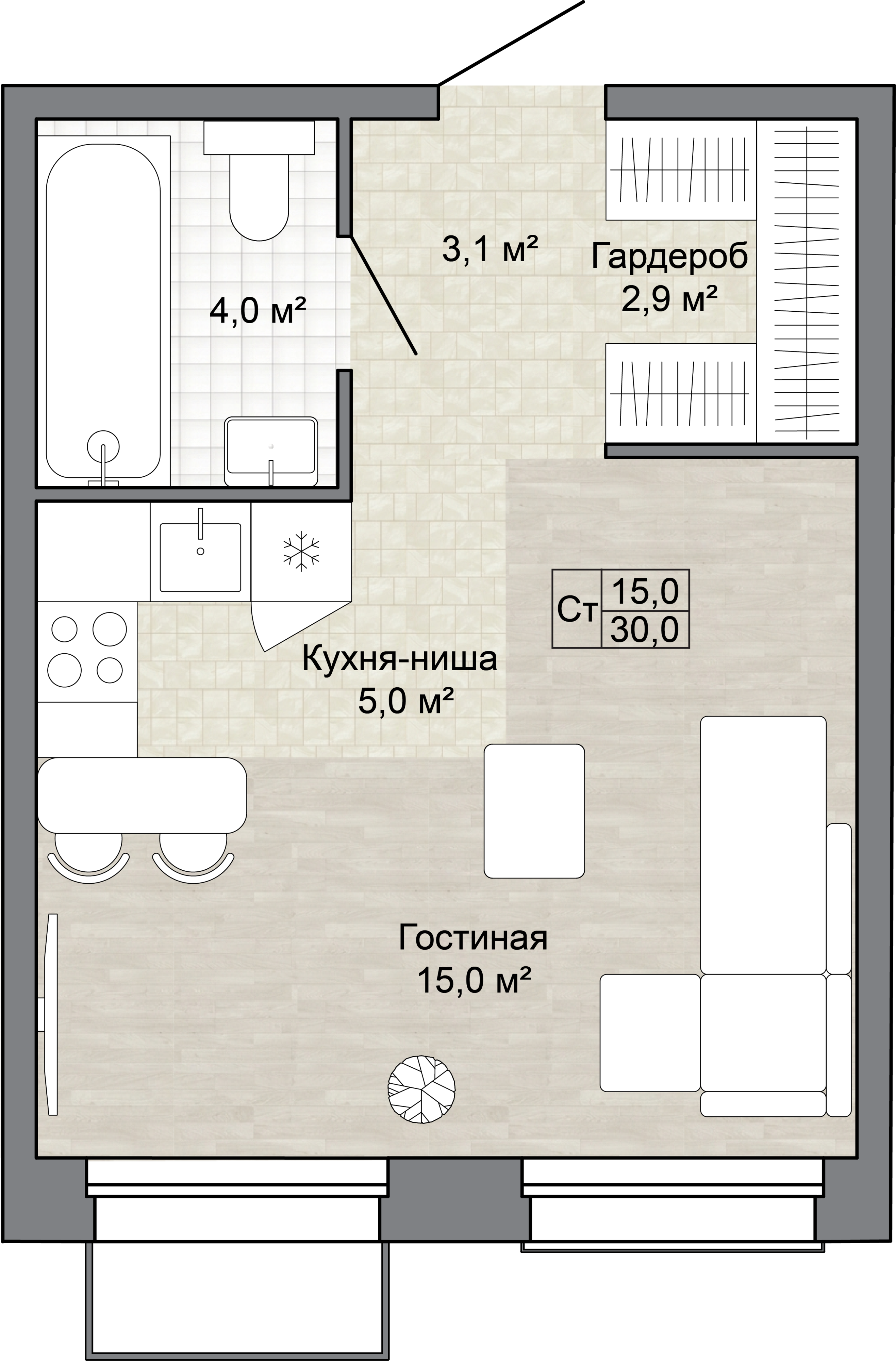 Студия 30 м2 в ЖК Яблоневый Сад корпус null этаж 3