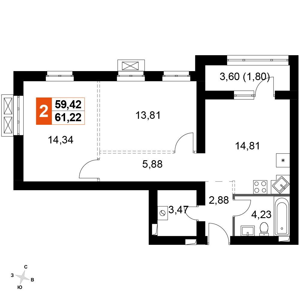 2-комнатная 61 м2 в ЖК Жаворонки Клаб корпус null этаж 3