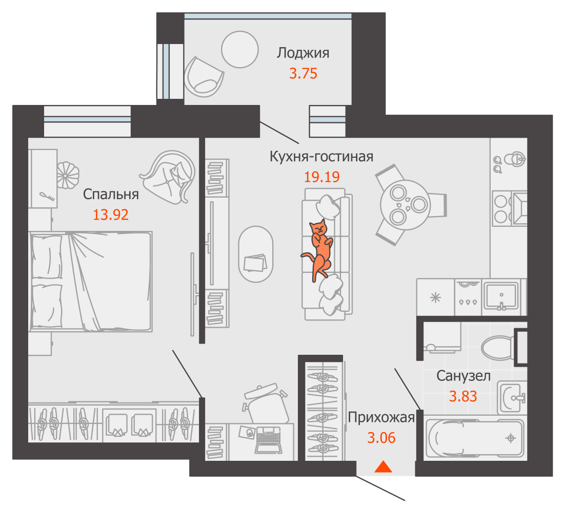 2-комнатная 43 м2 в ЖК Зарядное корпус null этаж 7