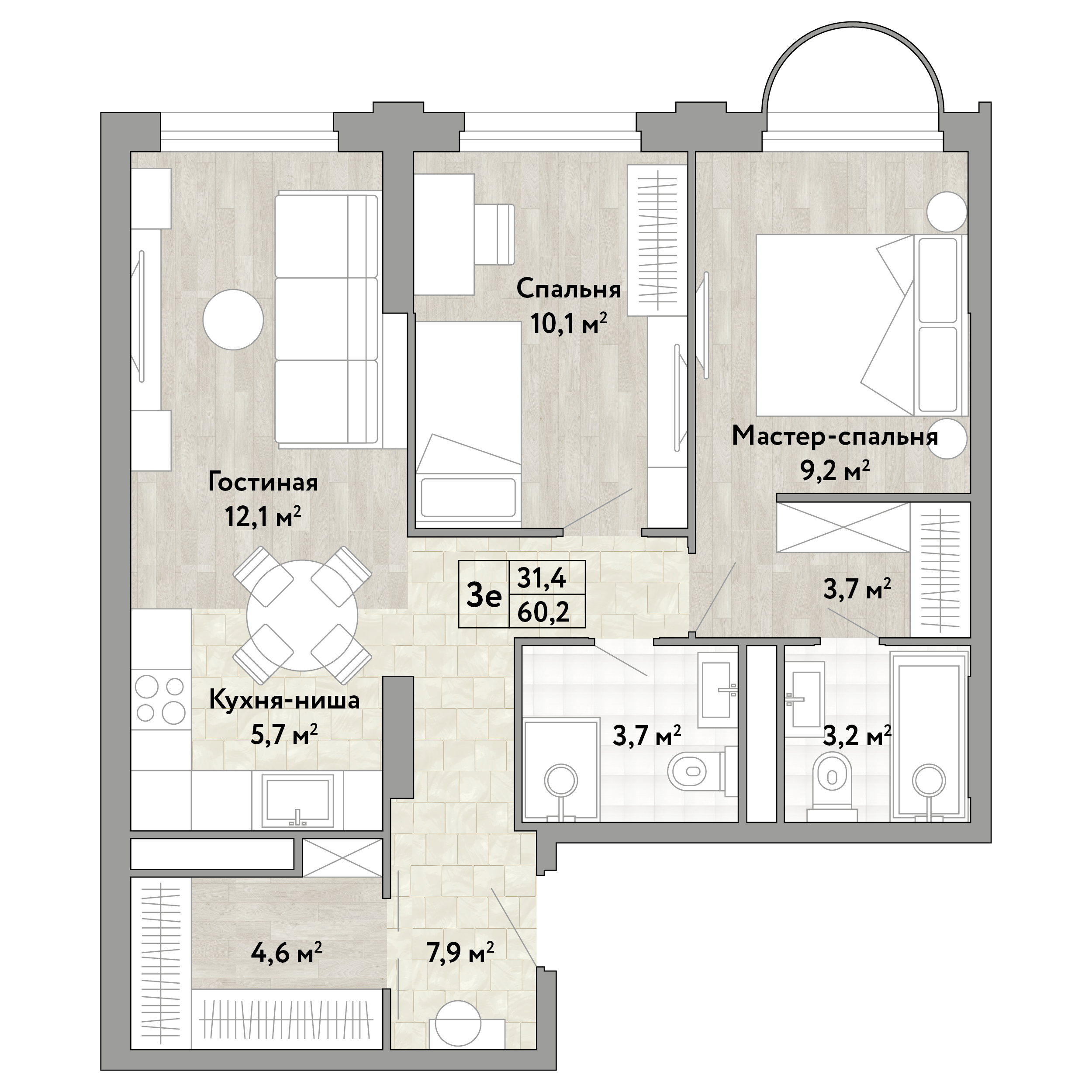 2-комнатная 60 м2 в ЖК Новые Смыслы корпус null этаж 4