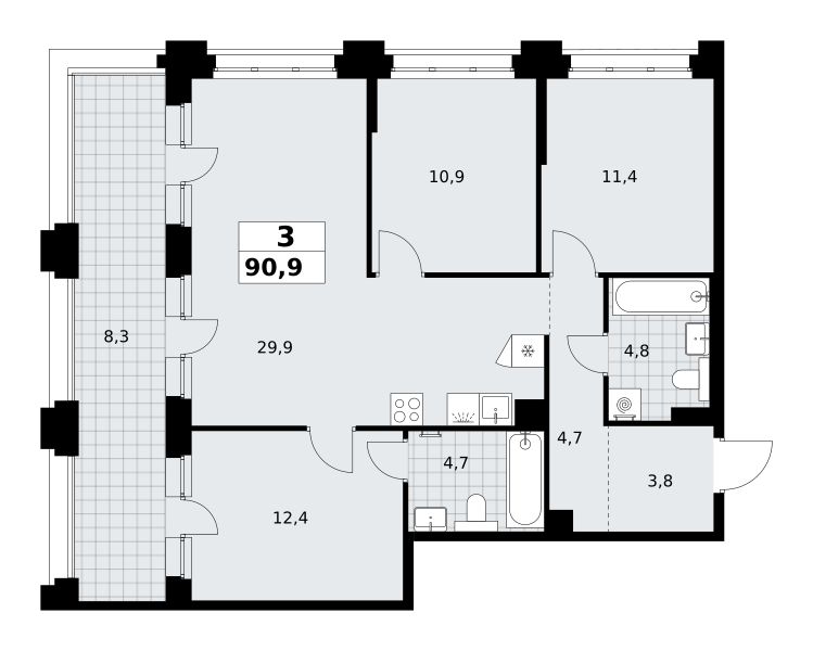 3-комнатная 90 м2 в ЖК Хольм корпус null этаж 5