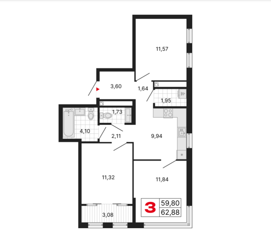 3-комнатная 62.9 м2 в ЖК undefined корпус null этаж 14