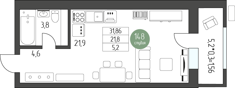 Студия 31 м2 в ЖК Лермонтов корпус null этаж 5