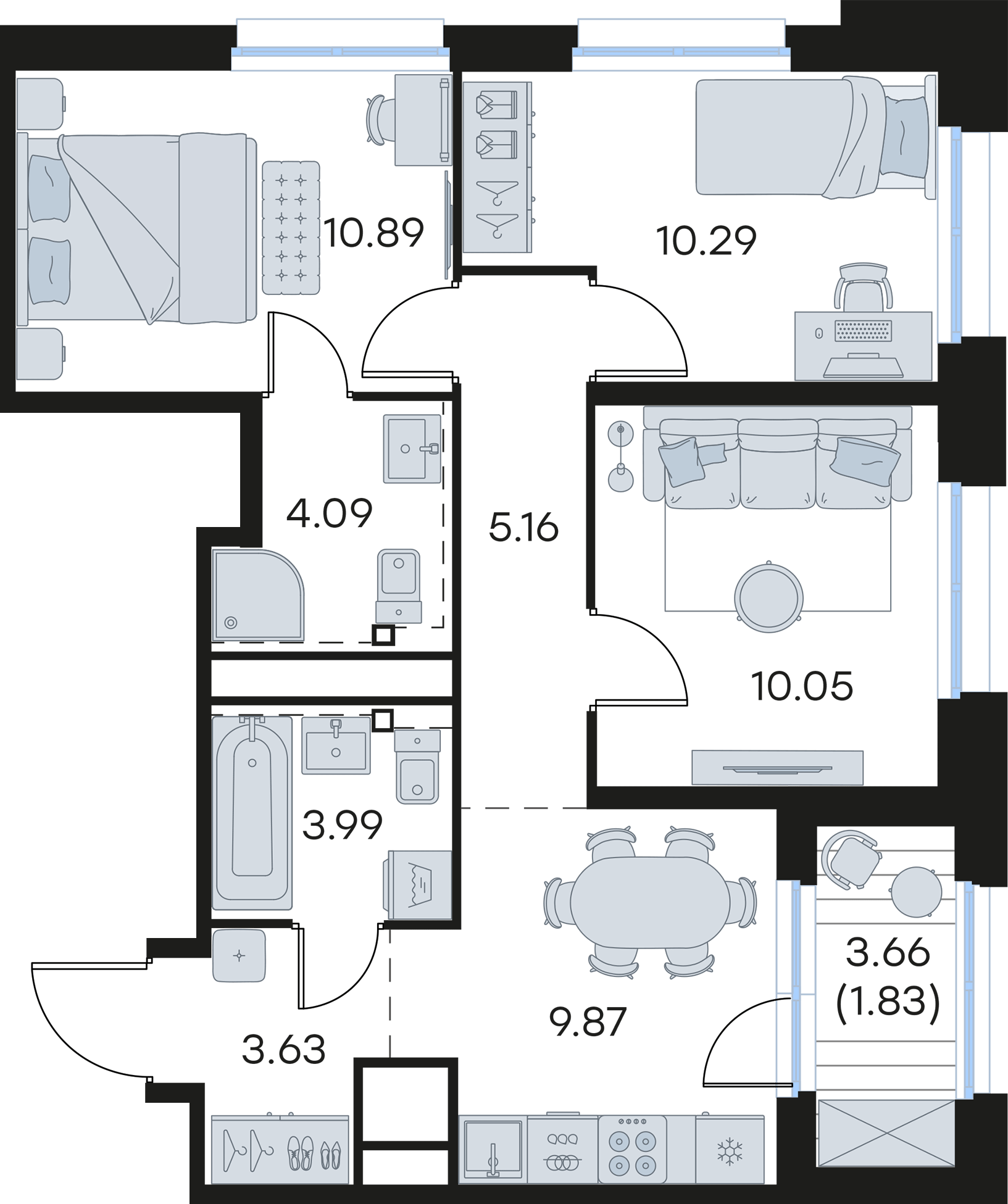 3-комнатная 59 м2 в ЖК GloraX Левобережный корпус null этаж 26