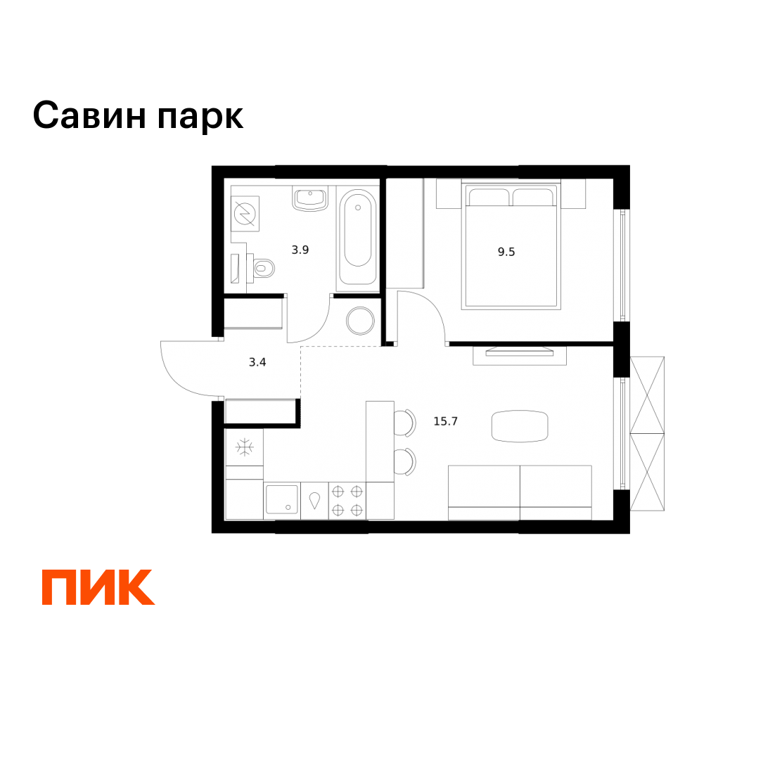1-комнатная 32 м2 в ЖК Савин парк корпус null этаж 9
