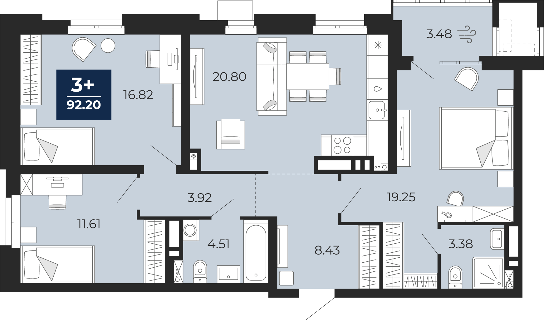 3-комнатная 88 м2 в ЖК Мириады корпус null этаж 4