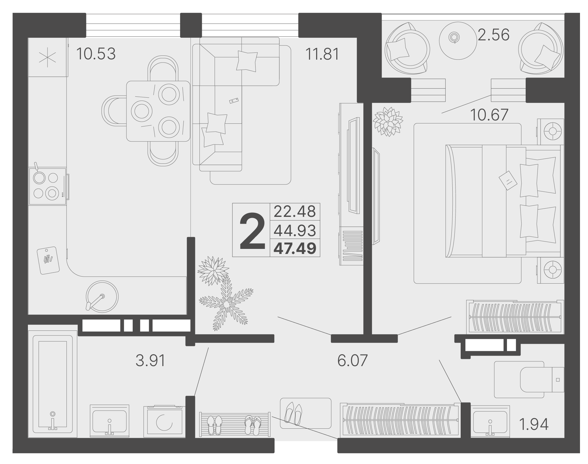 2-комнатная 47 м2 в ЖК Светский лес корпус null этаж 14
