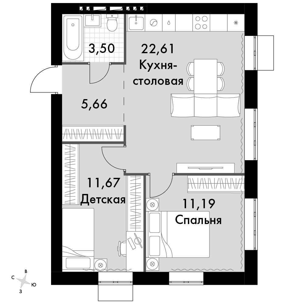 2-комнатная 53 м2 в ЖК Жаворонки Клаб корпус null этаж 2