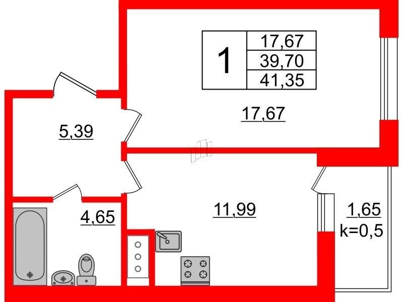 1-комнатная 42 м2 в ЖК Ювента корпус null этаж 6