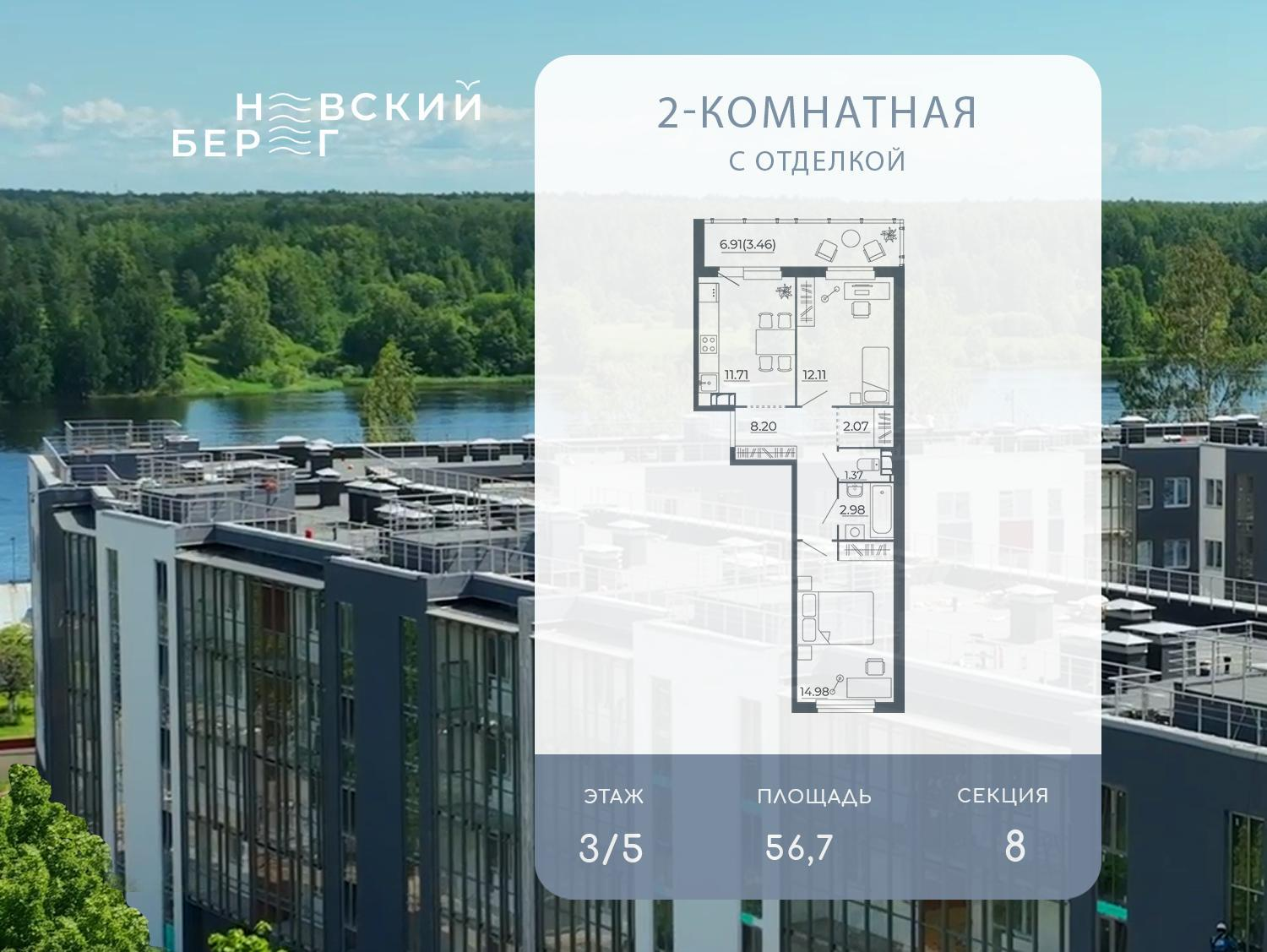 2-комнатная 56 м2 в ЖК Невский берег (Дубровка) корпус null этаж 3