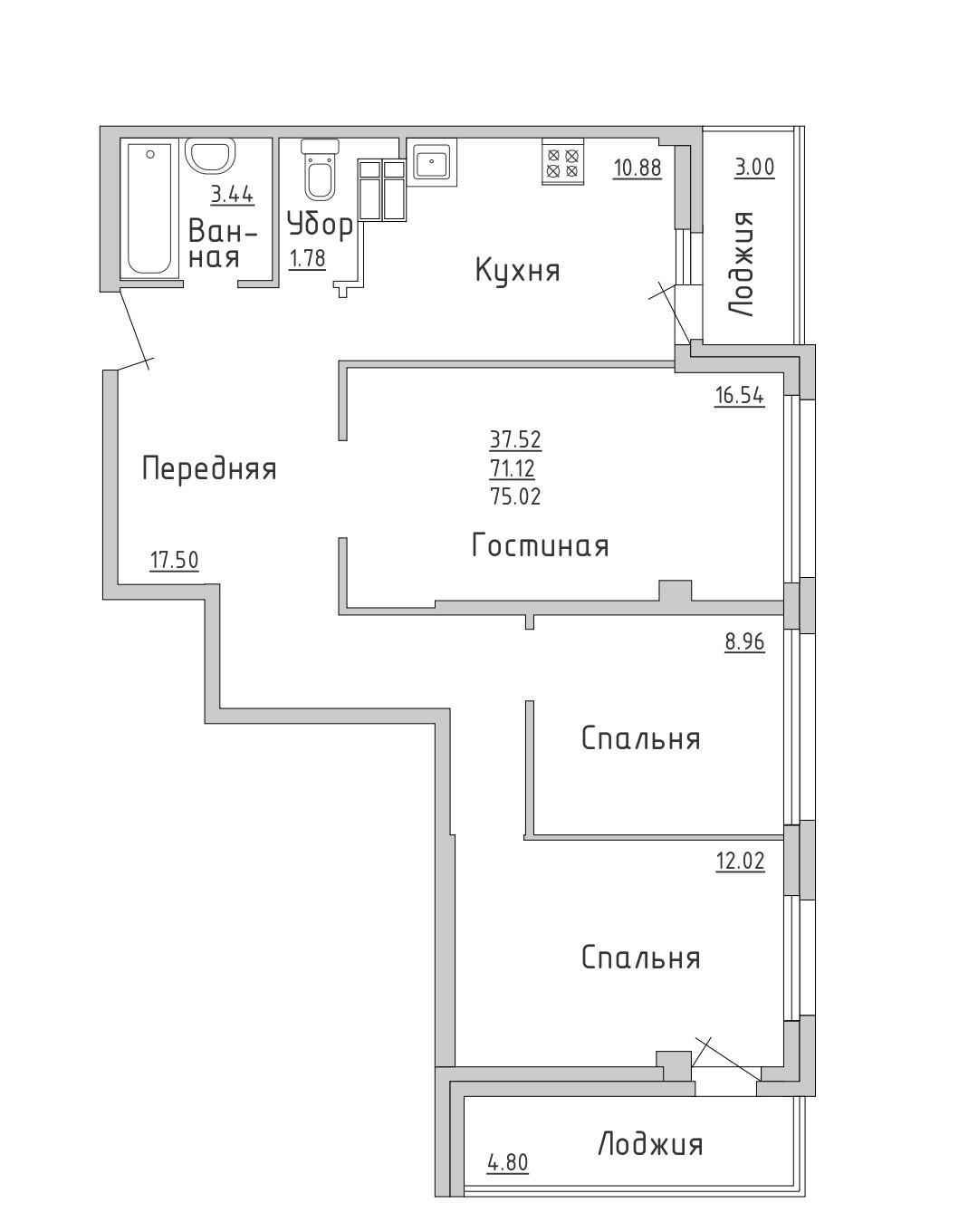 3-комнатная 71 м2 в ЖК undefined корпус null этаж 8