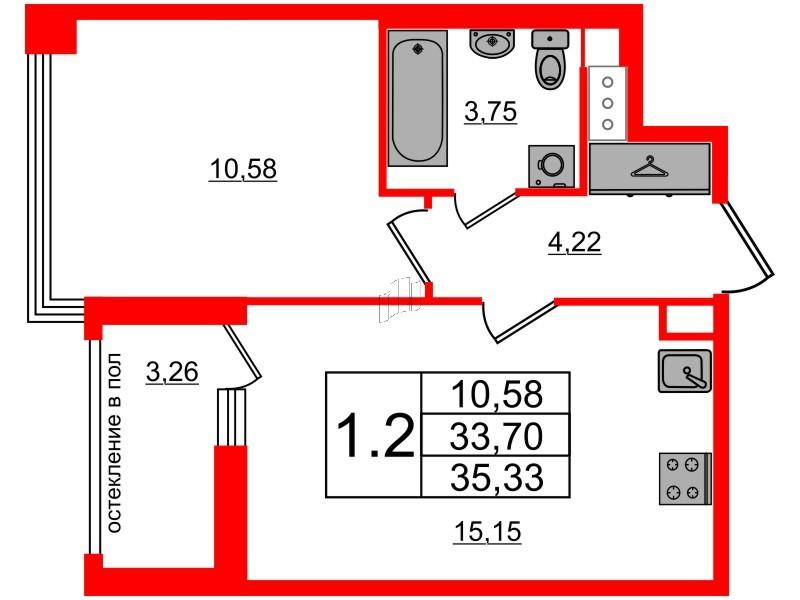 1-комнатная 33 м2 в ЖК Титул в Московском корпус null этаж 3