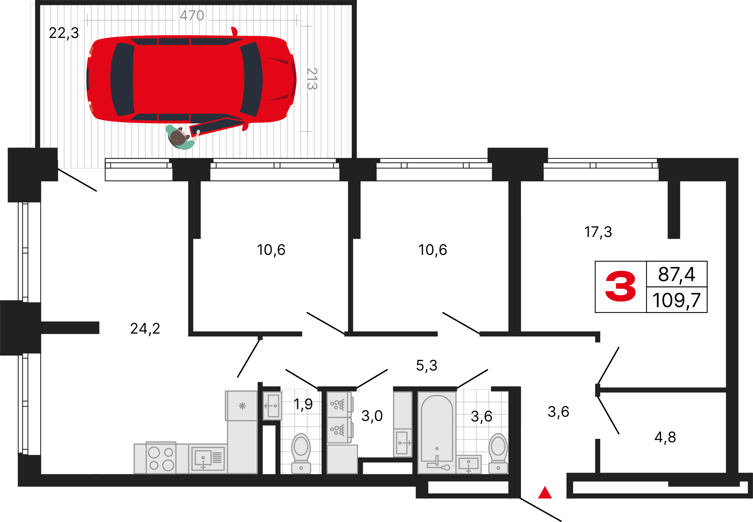 3-комнатная 109 м2 в ЖК Бестселлер корпус null этаж 3