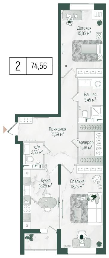 2-комнатная 75 м2 в ЖК Рига Хиллс корпус null этаж 8