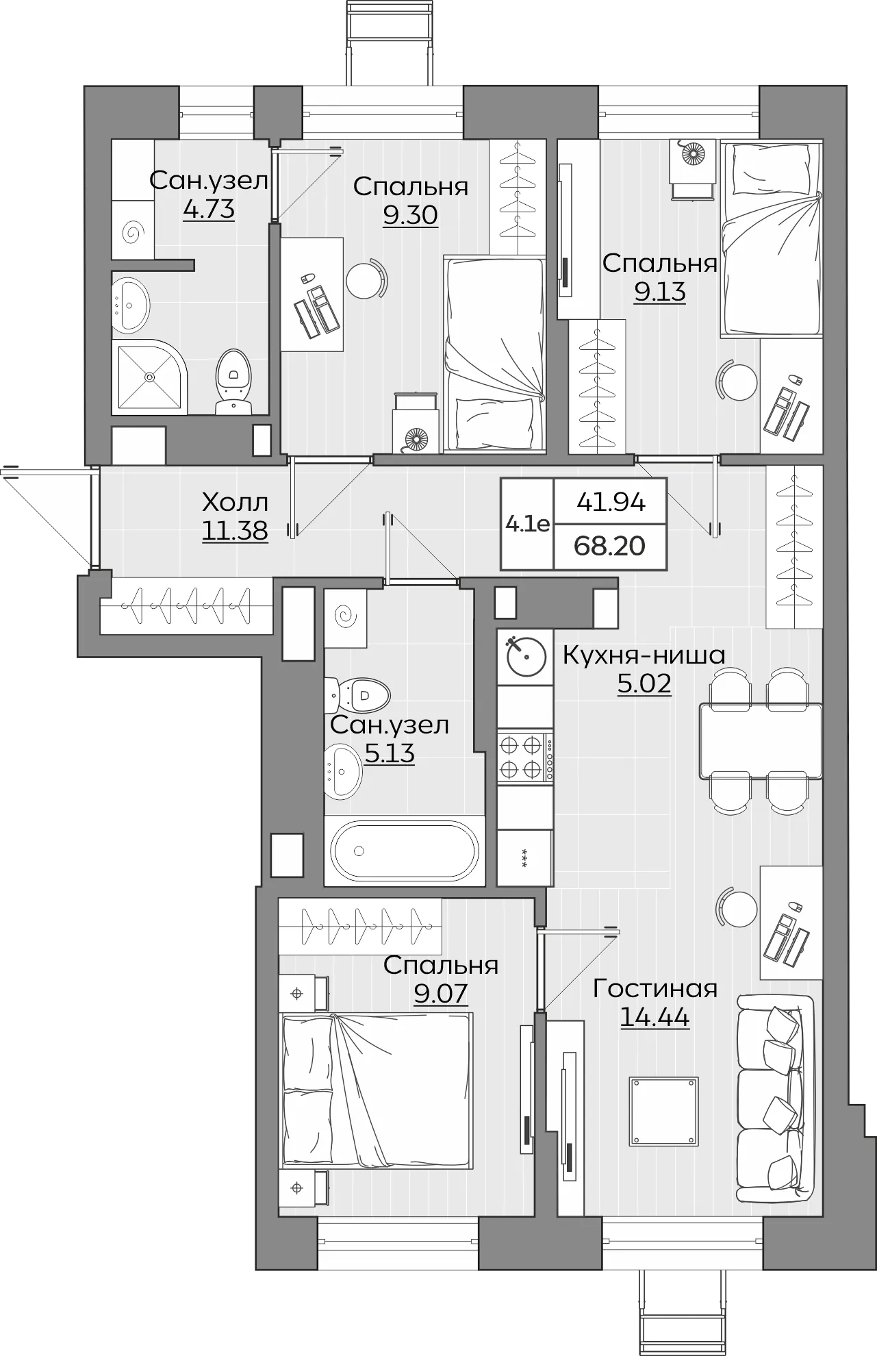 4-комнатная 68 м2 в ЖК Батталовский корпус null этаж 13