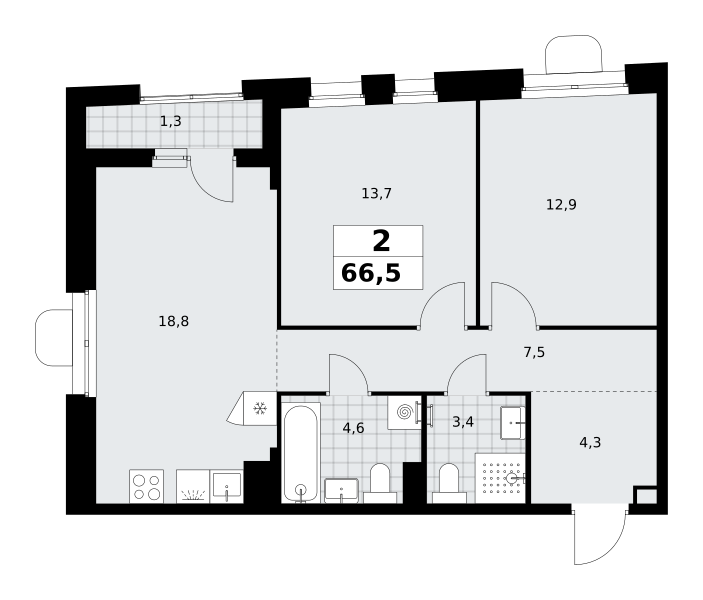 2-комнатная 66 м2 в ЖК Прокшино корпус null этаж 5