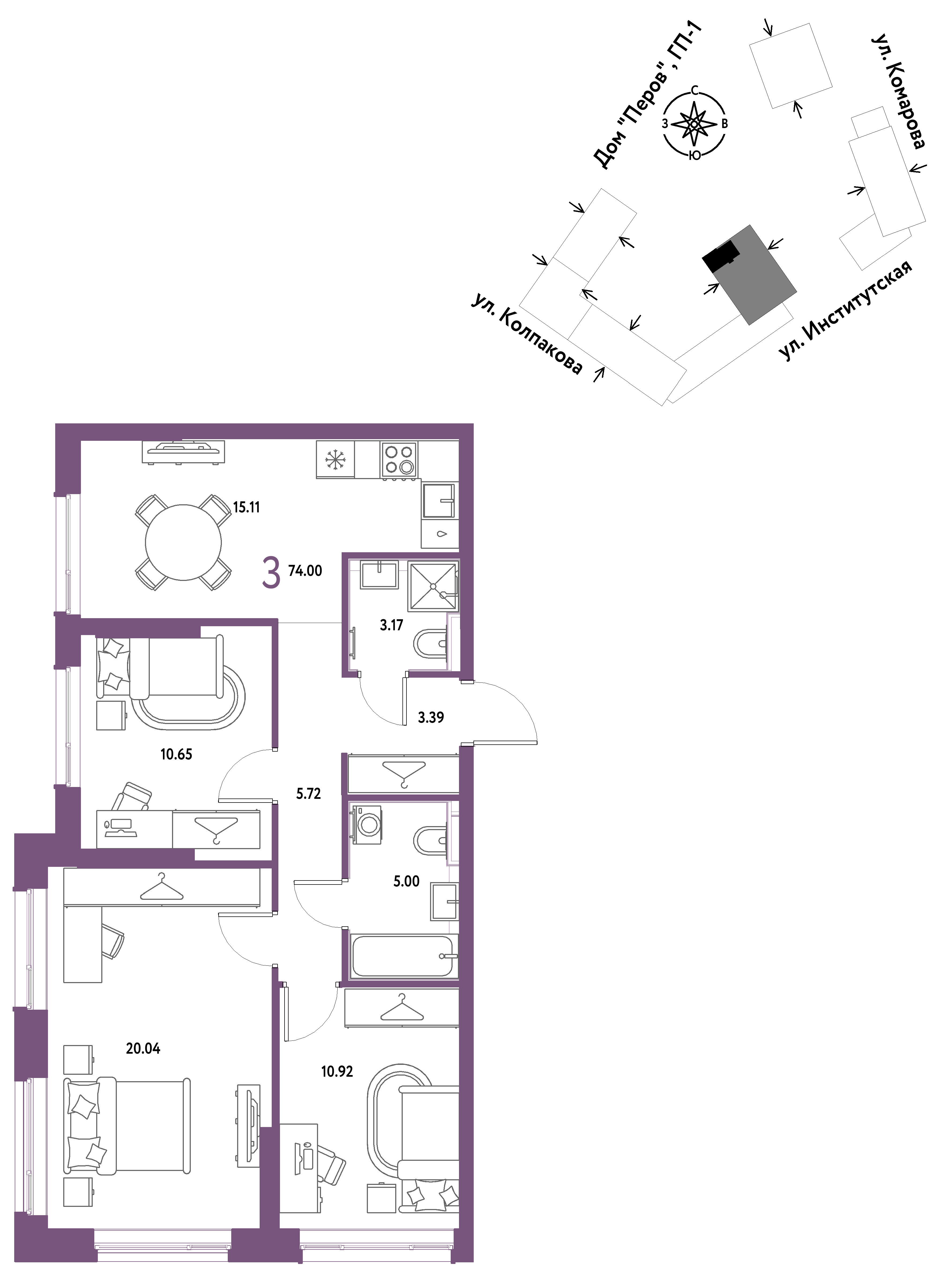 3-комнатная 74 м2 в ЖК Страна.Парковая корпус null этаж 5