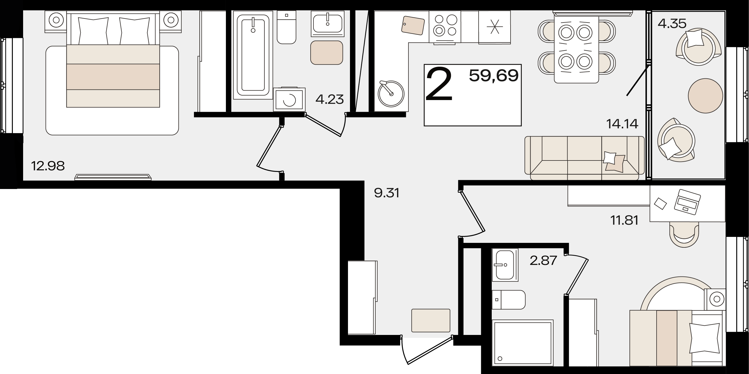 2-комнатная 59 м2 в ЖК Патрики корпус null этаж 5