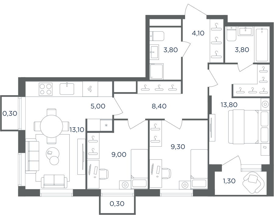 4-комнатная 70 м2 в ЖК Равновесие корпус null этаж 4