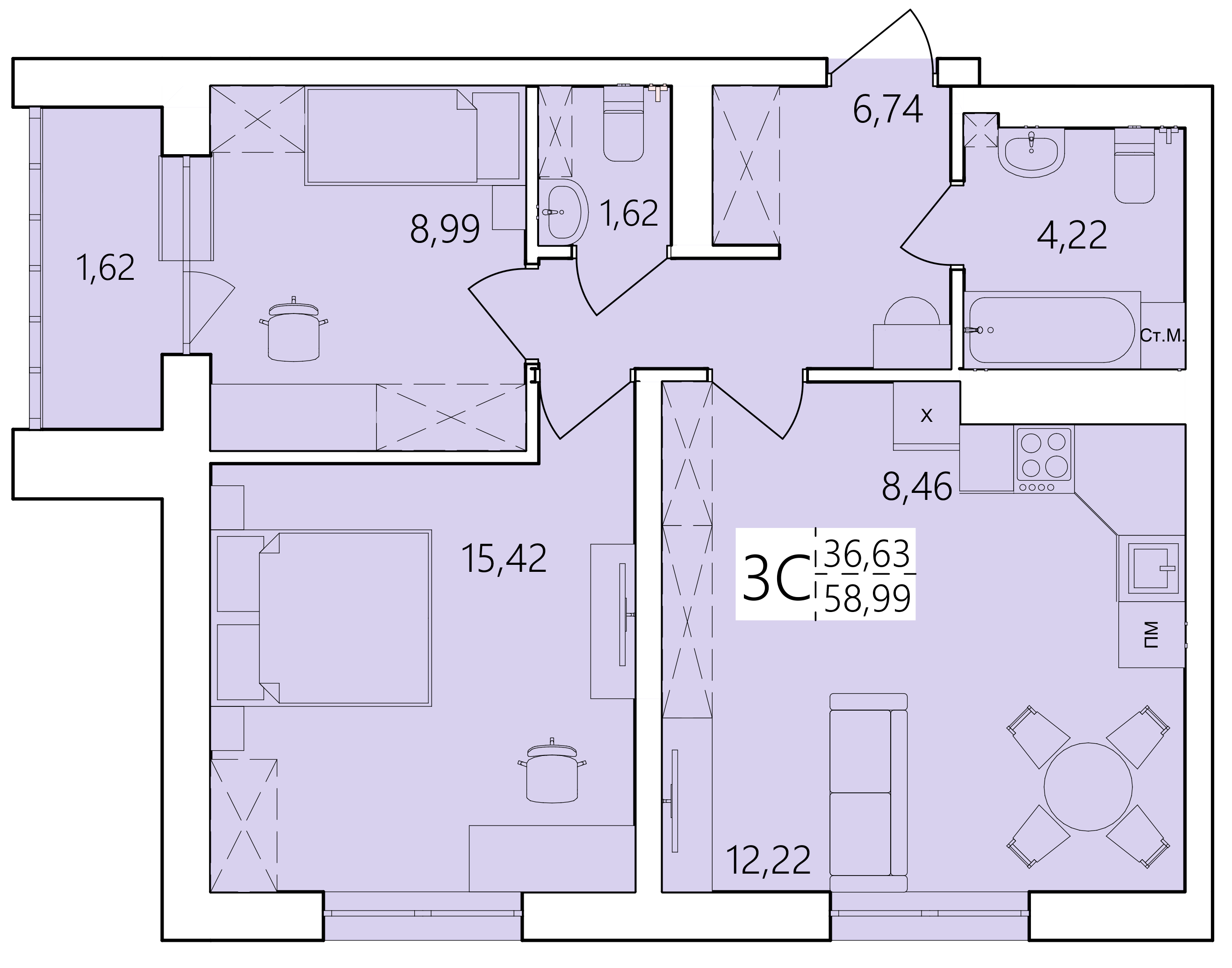 3-комнатная 58 м2 в ЖК Волна корпус null этаж 15