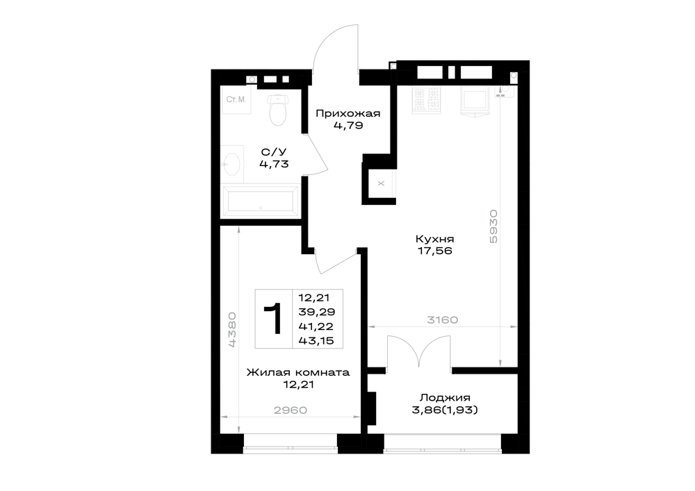 1-комнатная 41 м2 в ЖК Включи корпус null этаж 5