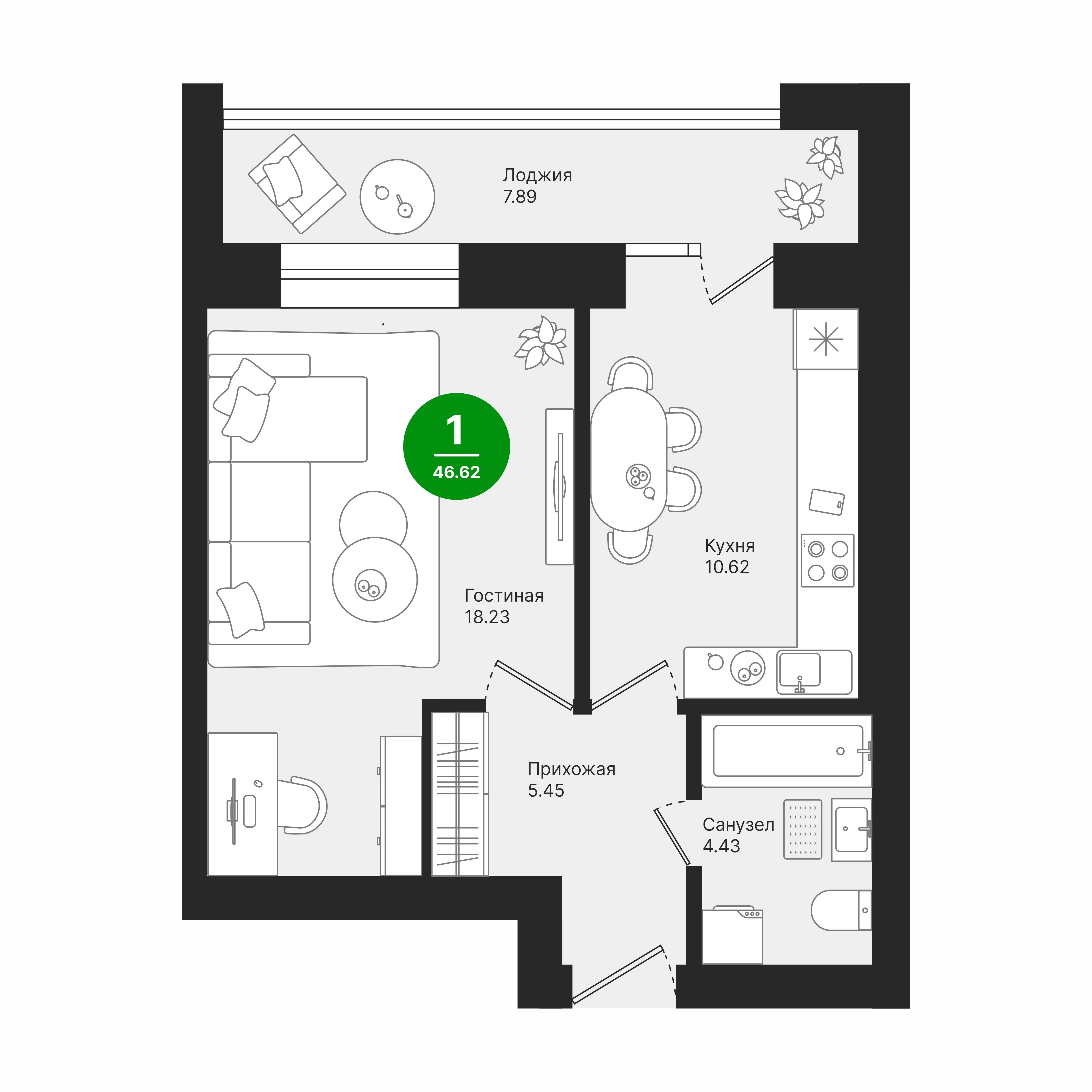 1-комнатная 46 м2 в ЖК Семеновка корпус null этаж 9