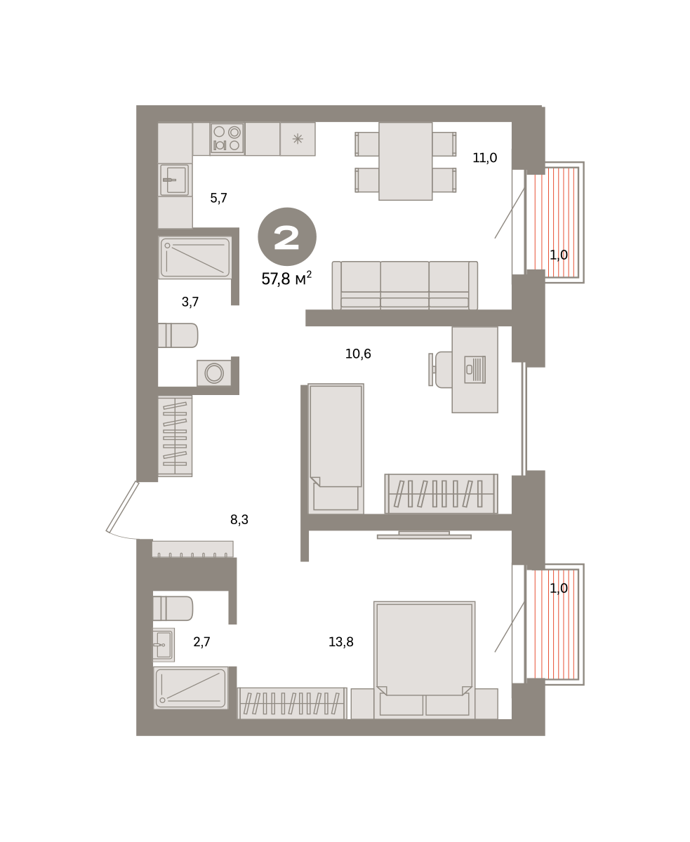 2-комнатная 57 м2 в ЖК Метроном корпус null этаж 8