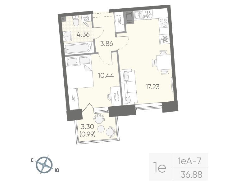 1-комнатная 36 м2 в ЖК Бульвар Грина корпус null этаж 7