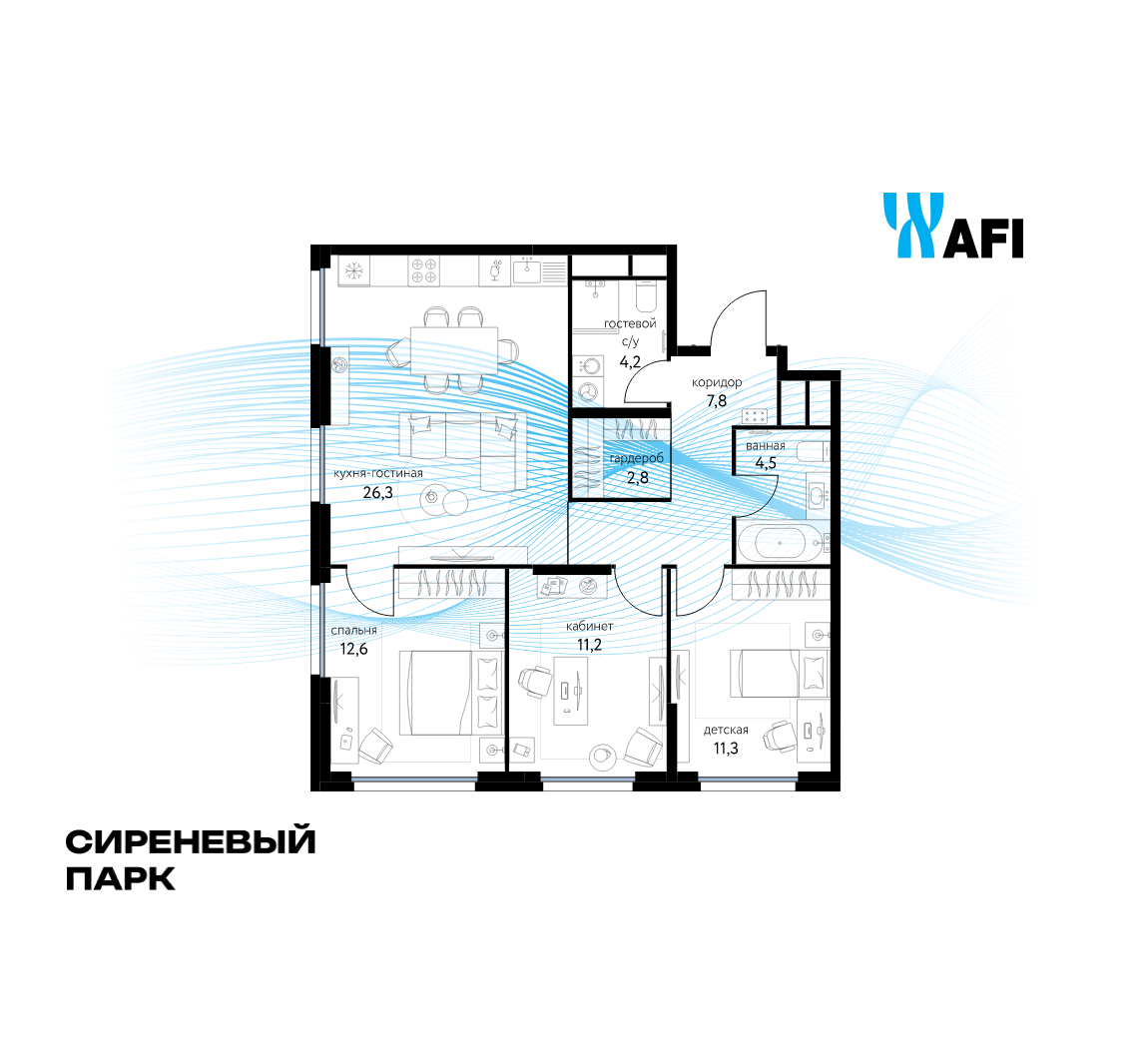 4-комнатная 80 м2 в ЖК Сиреневый парк корпус null этаж 25