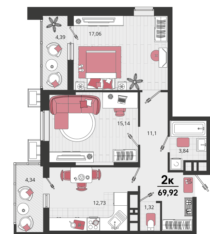 2-комнатная 69 м2 в ЖК Родные просторы корпус null этаж 7