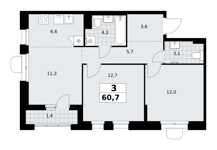 3-комнатная 60 м2 в ЖК Прокшино корпус null этаж 6