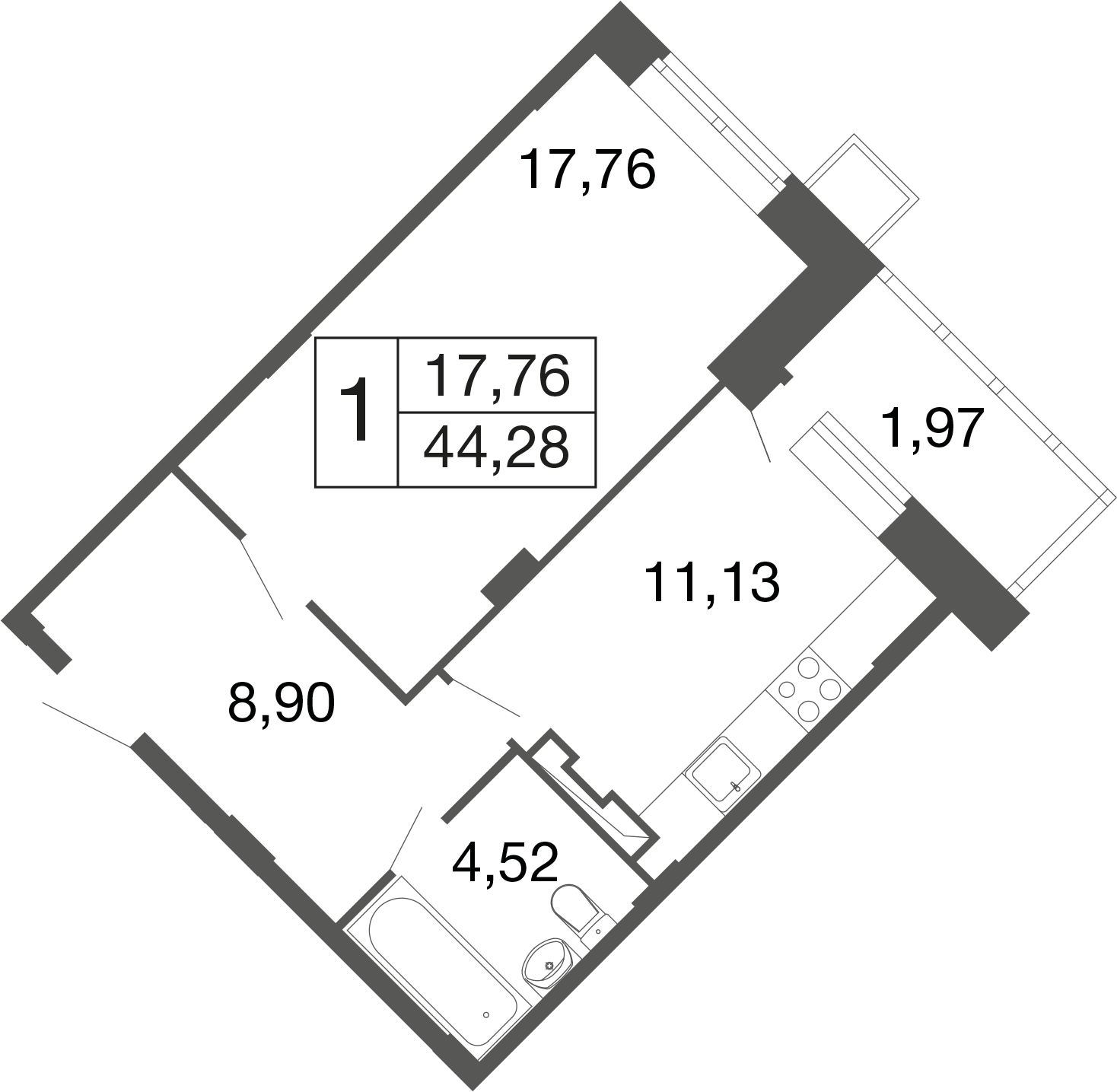 1-комнатная 44 м2 в ЖК Времена года корпус null этаж 1
