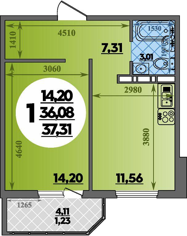 1-комнатная 37 м2 в ЖК Суворовский корпус null этаж 3