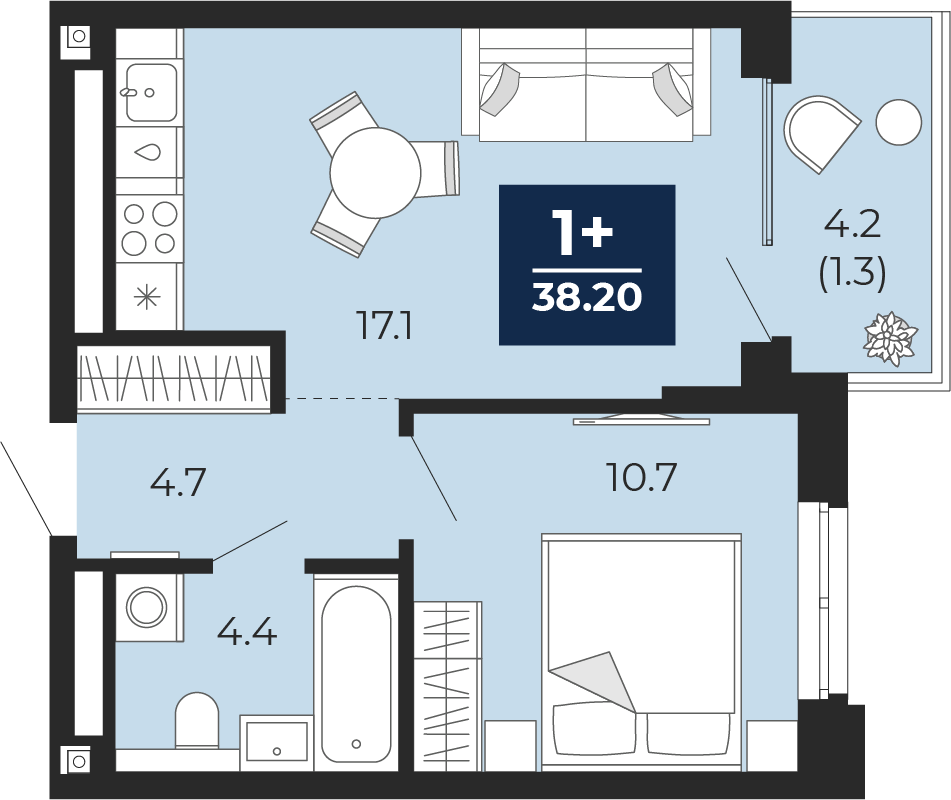 1-комнатная 36 м2 в ЖК Мириады корпус null этаж 14