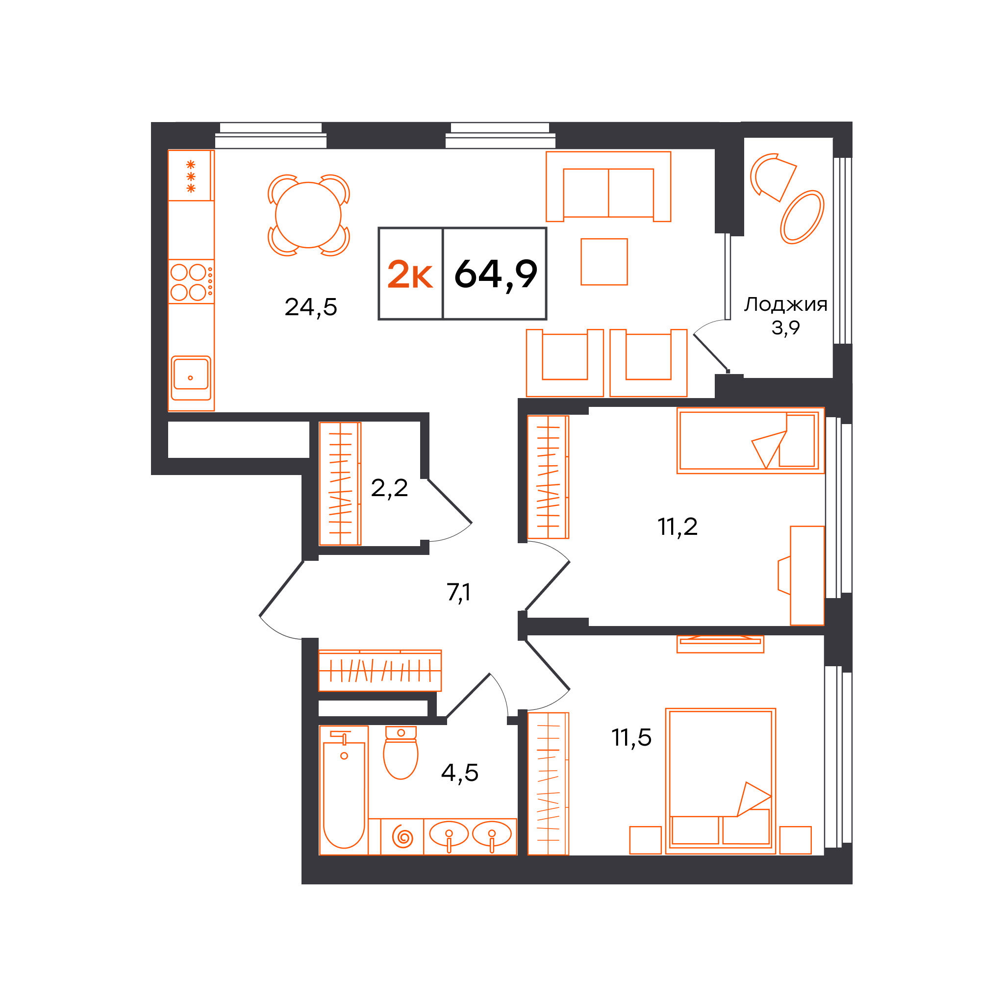 2-комнатная 64 м2 в ЖК Александровский корпус null этаж 5