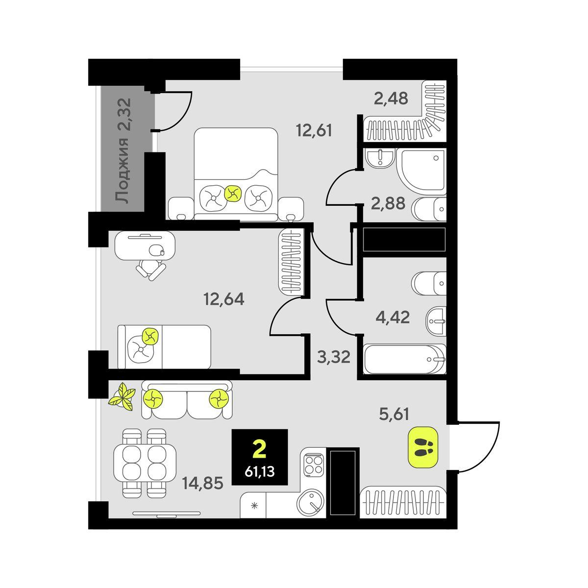 2-комнатная 61 м2 в ЖК Мотивы корпус null этаж 14